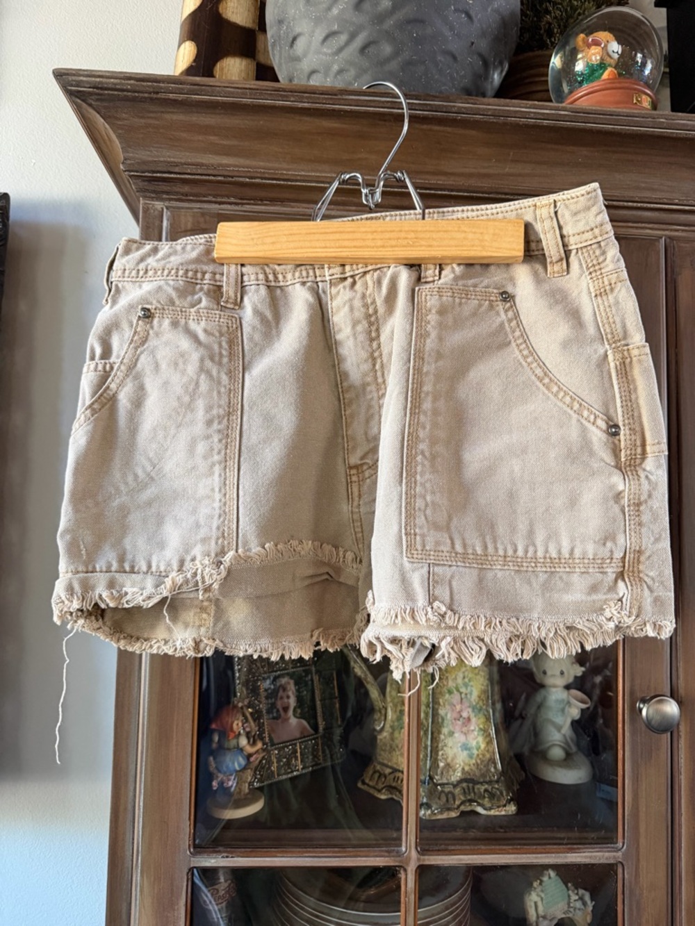 Free People Beige Frayed-Hem Utility Jean Shorts